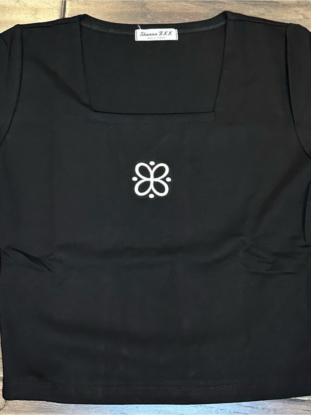 Black Women's Square Neck Top with Embroidered Motif from Shanaa Bangkok